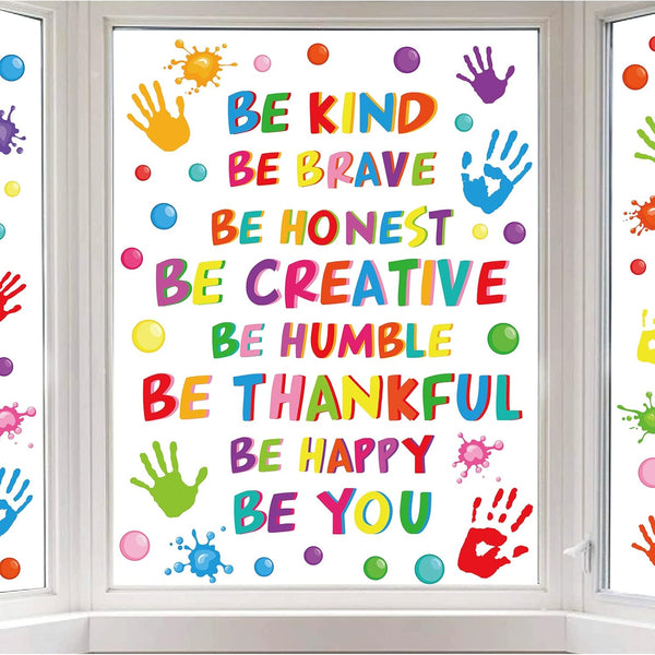 Whaline 9 Sheets Inspirational Quotes Window Clings Stickers, Colorful Handprint Positive Sayings for Home Decoration