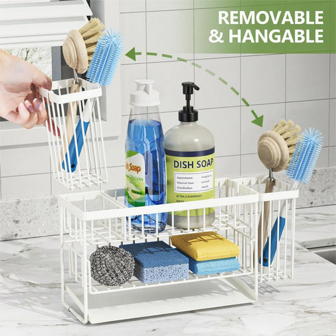 2-Tier Countertop Cisily White Kitchen Sink Caddy Organzier Rack with Flexible Dish Brush Holder, Sponge Holder