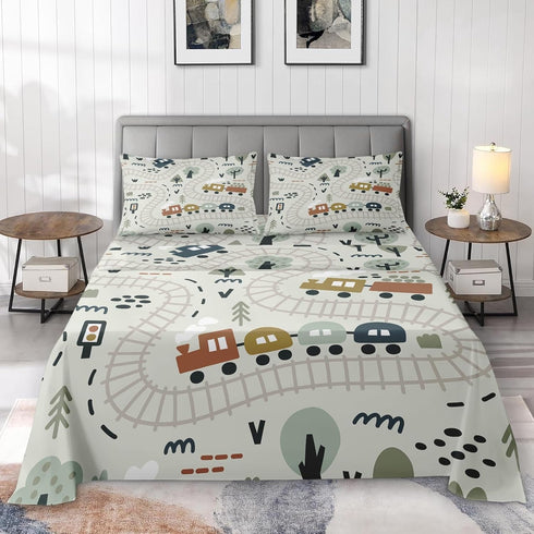 4 Set Sets Pcs Fitted Sheet Full Size, Cute Baby Car Train Road Map, Bed Decor Funny Nursery Cartoon Forest Traffic