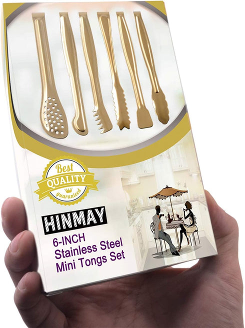 Gold Plated Mini Serving Tongs Set, 6-Inch Stainless Steel Appetizers Tongs, Set of 6