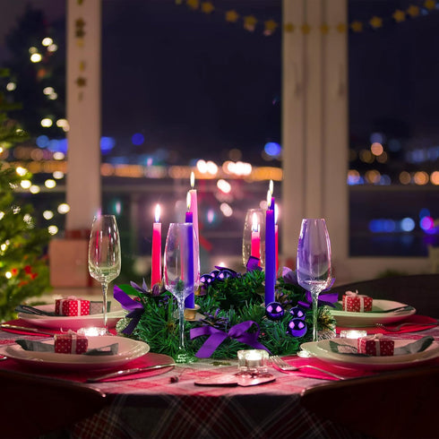 MCEAST 12 Inch Christmas Centerpiece Wreath Candle Holder with Purple Ribbon, Bowknots, Pine Cones for Home Decoration