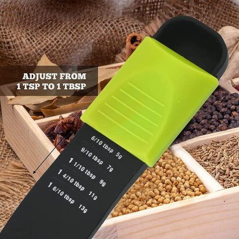Performore Adjustable Measuring Spoon (Green, Black) with Double End Scale, 9 Stalls for Dry & Semi-Liquid Ingredients