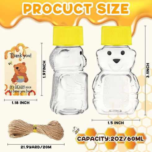 Funnymoom 96 Sets 2 oz 96 2 Plastic Honey Bear Bottle Bear Shape Clear Empty Honey Jar Tags Rolls Jute Rope Honey