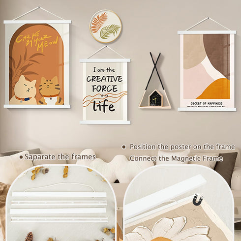 Artmag 22" Magnetic Poster Hanger Frame, Light Wood Wooden Magnet Canvas Artwork Print Poster Hangers Kit (White, 22x34