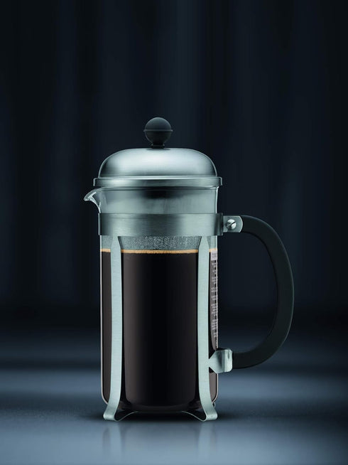 34oz Bodum Chambord French Press Coffee Maker, High-Heat Borosilicate Glass, Brushed Stainless Steel Made in Portugal
