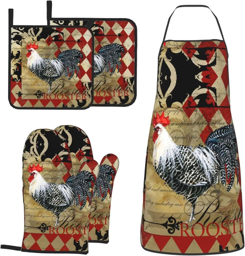 Rooster Print Oven Mitts and Pot Holders Set, 5 Pcs Heat Resistant Kitchen Mitten Gloves and Non-Slip Potholders