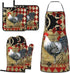 Rooster Print Oven Mitts and Pot Holders Set, 5 Pcs Heat Resistant Kitchen Mitten Gloves and Non-Slip Potholders