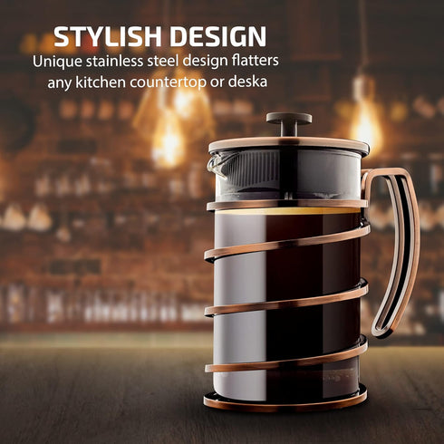 OVENTE 27 Ounce French Press Coffee & Tea Maker, Durable Borosilicate Glass, 4 Filter Stainless Steel Plunger System