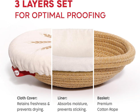 Set, KneadAce Cotton Rope Banneton Bread Proofing Basket Oval & Round Bread Baskets with Liners & Covers for Artisan