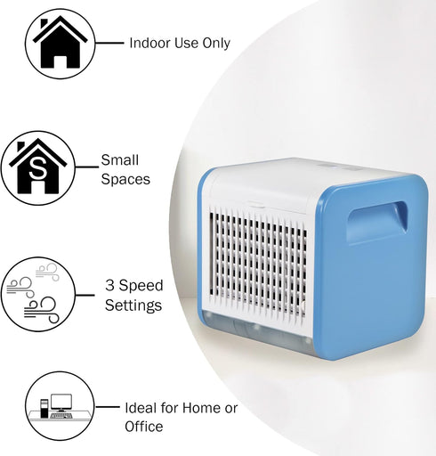 Comfort Zone CZAC10BL 3-Speed Personal Evaporative Air Cooler, Mini Portable Air Conditioner with Top-Fill Water Tank, Runs 5 Hours on Single Tank, Blue