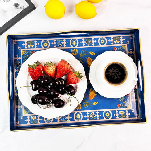 4 15 11 1.9 Boho Blue Decorative Tray, Serving Tray with Handles, Plastic Tray for Coffee Table, Ottoman - Ideal
