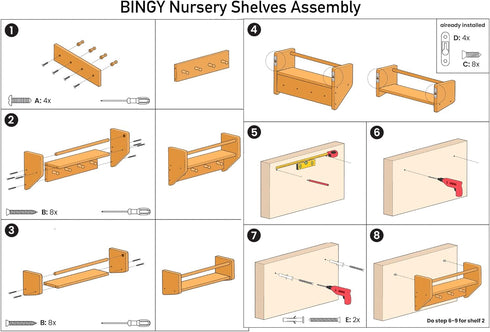 BINGY Set 2 2-Tier 15.71" 4.8" 5.5" Nursery Book Shelves - of Wall Shelves with Hooks for Clothes - Nursery Bookshelves