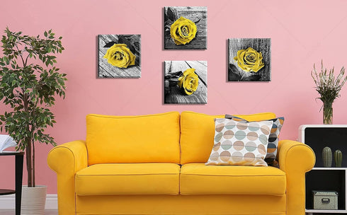 Yellow Decor Canvas Wall Art - Valentine Decorations for Home, Rose Flowers Pictures for Living Room Office Décor