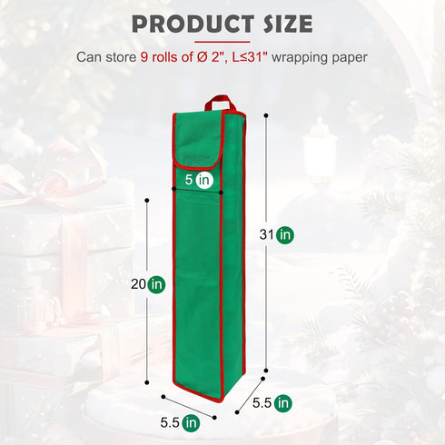 bruwaa 2 Psc Gift Wrapping Paper Organizer Storage Bag Containers with Pocket and Handles, 29" x 5.5" x 5.5", Green