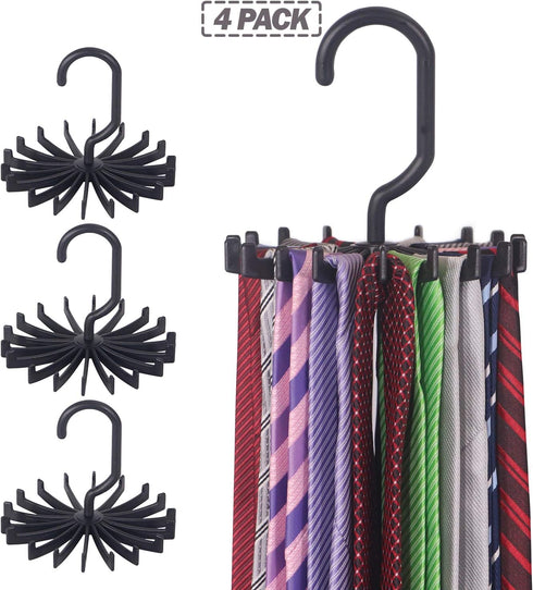4 Pack Tie Rack Hanger Holder Hooks Organizer for Men, 360 Degree Rotating Tie Racks, Black