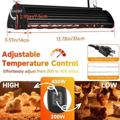 ATHCOHT 400W 60 12000H Bulb 2 Heat Lamp for Chickens Upgraded Large Chicken Coop Brooder Heater Carbon Fiber Waterproof