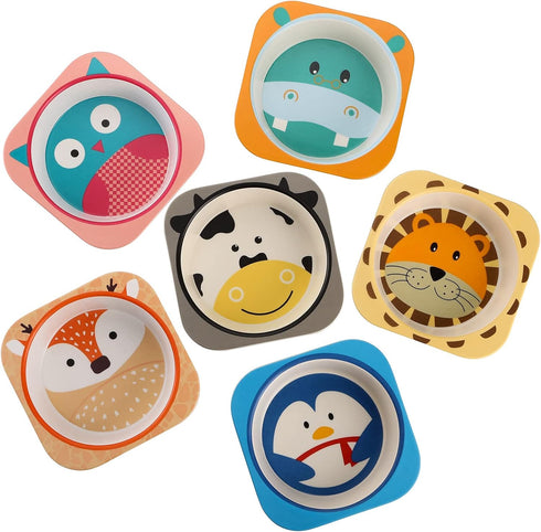 ZEAYEA 6 Pack Bamboo Kids Bowls, 10 Oz Durable Cartoon Bowls, BPA Free Square Dinner Tableware for Soup, Cereal, Pasta