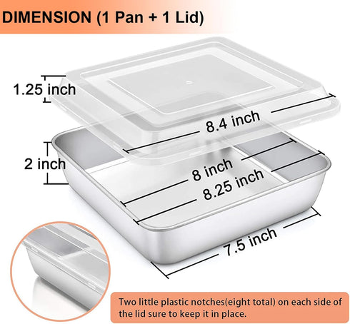 TeamFar Square Cake Pan with Lid(1 Pan & 1 Lid), 8 Inch Square Baking Pan Stainless Steel Cake Brownie Pan with Lid For Meal Prep Storage Transporting Food, Healthy & Sturdy, Dishwasher Safe