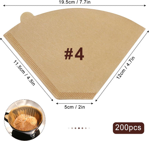 #4 Cone Coffee Filters,4 Coffee Filters Paper fits for Pour Over and Drip Coffee Maker, 8-12 Cup,Natural Unbleached,Chlorine Free (200) by Muztinte