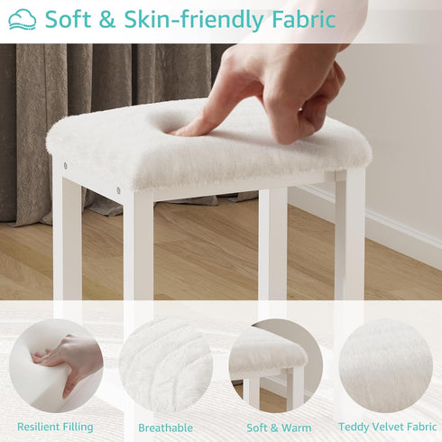 Small Vanity Stool, Cute Vanity Stools with Soft Faux Rabbit Fur Cushion, White Makeup Vanity Chair for Small Spaces