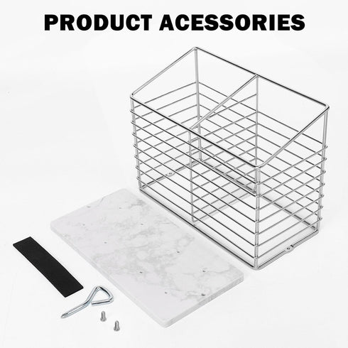 Utensil Holder for Kitchen Counter, Metal Rack for Cooking Tools Storage, Organizer with Drainage Hole (Chrome Marble)