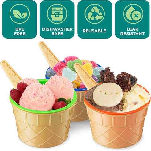 Set (Pack 6) Frozen JoyServe Ice Cream Bowls and Spoons - of Reusable Plastic Ice Cream Cups and Waffle Cone Shaped