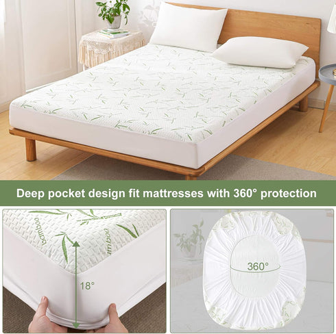 Full Waterproof Mattress Protector, Soft Breathable Cooling Rayon Bamboo Mattress Pad Cover, Fits 21” Deep Pocket