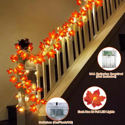 4 Pack Fall Decor Garland with Lights, 40Ft 80LED Enlarged Maple Leaves, Battery Operated Autumn Harvest Decor