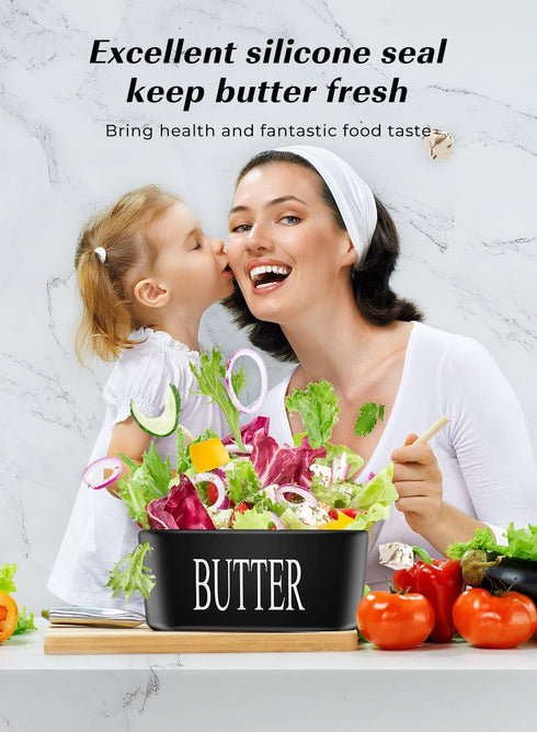 Black Ceramic Butter Dish with Lid - Large Countertop Holder for 2 Sticks, Includes Knife and Sponge Scrubber