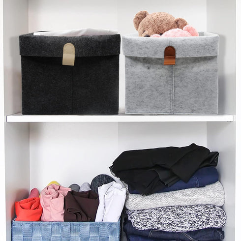 Felt Storage Basket, Large Capacity Folded Closet Storage Bin with Hanger for Clothing, Books, Shoes (Light Gray)