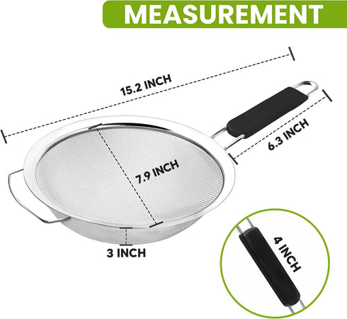 8" Large Fine Mesh Strainer with thermo plastic rubber handle - Sieve Fine Mesh Stainless Steel - Ideal to Strain