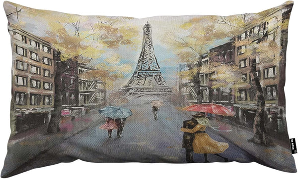 Paris Pillow Cover 12x20 inch - Oil Painting Autumn Lovers Kiss on Rainy France Street Decorative Throw Pillow