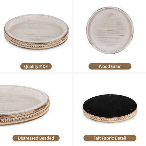 Counter Hanobe Round Wooden Decorative Tray: White Washed Bead Tray Decor for Coffee Table Centerpiece Rustic Farmhouse