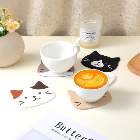Tyqour 4Pcs Funny Cat Coasters for Drinks, Cute Cat Cup Holder, Silicone Small Coasters for Coffee Table Dinning Room