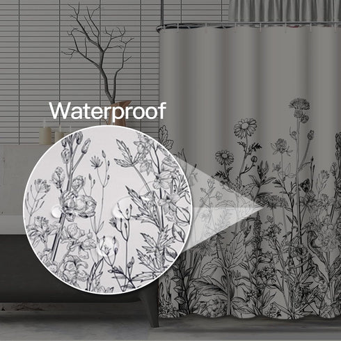 Emvency Shower Curtain Floral Border Herbs and Wild Flowers Vintage Engraving Light Grey Background, 72 x 72 Inches Set