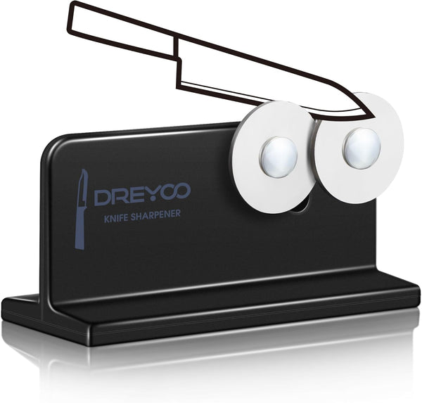 Dreyoo Cutlery Pointed Edge Knife Sharpener, Double Sided Stainless Steel Wheels for Kitchen and Pocket Knives