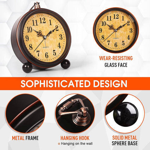 Battery Alarm Clock - Vintage Hangable Night Light, Super Silent Non-Ticking Analog Table Clock