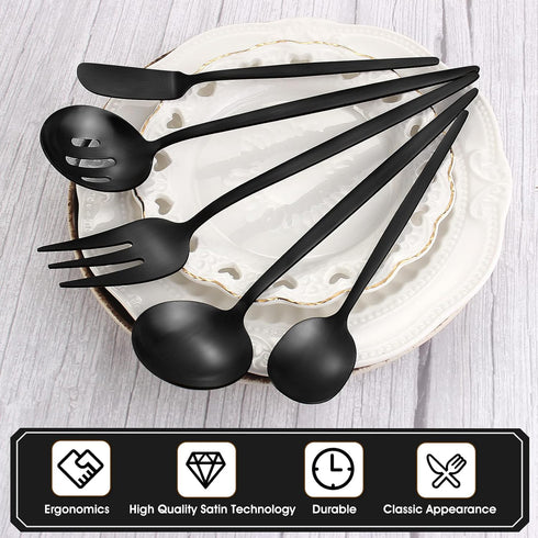 Matte Black 5-Piece Serving Silverware Set, Round Shared Stainless Steel Utensils, Satin Finish, Dishwasher Safe