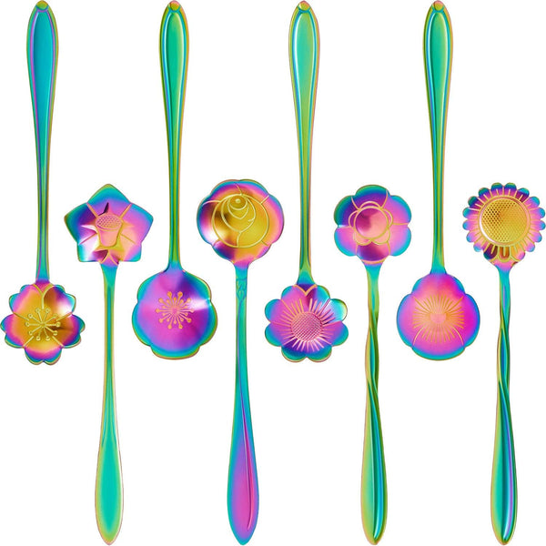 8 Pieces Flower Spoon Coffee Teaspoon Set - Stainless Steel Tableware - 8 Different Patterns (Rainbow Color)