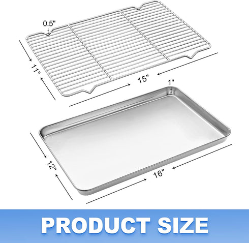 Baking Sheet with Wire Rack Set (1 Baking Tray + 1 Cooling Rack), Zacfton 16 x 12 x 1 Inch Stainless Steel Cookie Sheet Baking Pan Toaster Oven Tray with Rack, Non-stick & Dishwasher Safe