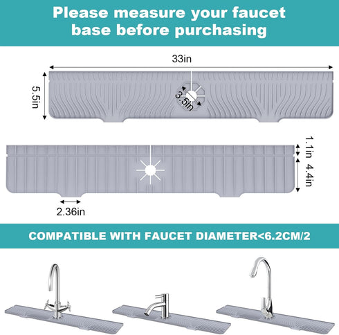 Longer Sink Splash Guard Mat 33 inch, Silicone Faucet Handle Drip Catcher Tray, Longer Silicone Sink Mat for Kitchen Bathroom, Drip Protector Splash Countertop (Grey)