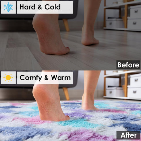 KICMOR 5x7 Purple Rainbow Checkered Area Rugs for Living Room, Colorful Fluffy Soft Fuzzy Shag Shaggy Bedroom Carpet