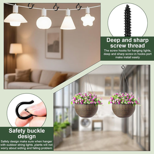 InPoTo 12PCS 2.2 Inches, 1 Q Hanger Hooks with Safety Buckle, Windproof Screw Hooks, Outdoor String Lights, Plants
