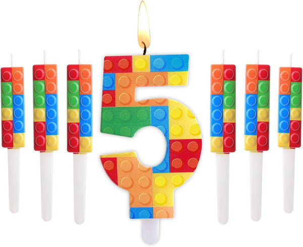 Herdear 7 Pcs Building Block Number 1-9 Birthday Candle with 6 Building Blocks