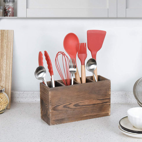 WuGeShop 4 Compartment Wooden Utensil Holder, Kitchen Countertop Organizer for Cooking Tools Storage