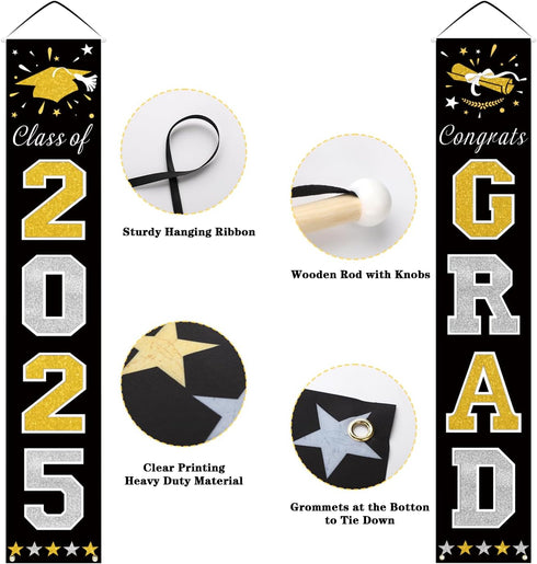DAZONGE 2025 Graduation Decorations, Black & Gold Class of Porch Banners for Any Schools or Grades Party Supplies