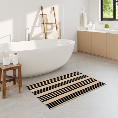 Black and Khaki Striped Outdoor Rug 24"x35", Cotton Hand-Woven Foldable Mat, Washable Reversible Door Mats for Entryway