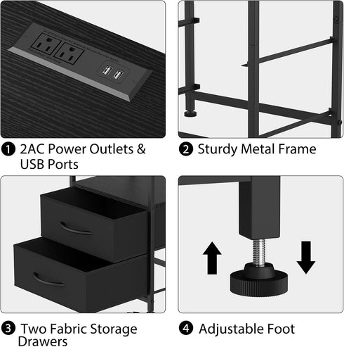 2 YBING Nightstand with Charging Station End Table with Fabric Drawer Bedside Table with USB Ports and Power Outlets