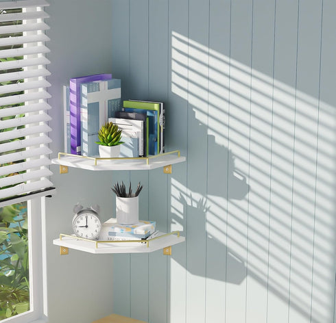 2-Tier 9.5-inch Tirzah White Wall Mount Corner Shelf with Gold Metal Guardrail, Diamond-Shaped Wood Corner Floating