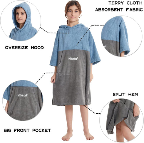 3/4 Hiturbo Kids Changing Towel Hoodie: Absorbent Quick Dry Surf Poncho, Sleeve Microfiber Bath Towels for Beach Pool